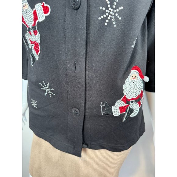 Onque Casual Vintage Skating Santa Cardigan Small Black Cotton Missing Button - Picture 7 of 16